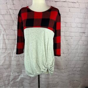 Boutique NWT buffalo plaid check twist knot tunic 3/4 sleeve winter womens S